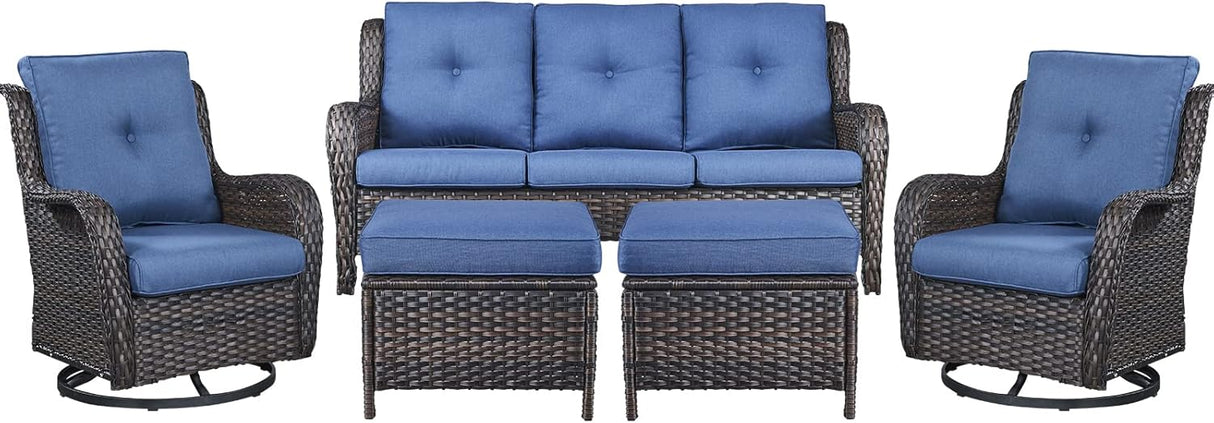 Belord Juego de muebles de patio al aire libre de 5 piezas, muebles de mimbre para conversación, sillas mecedoras giratorias para exteriores con sofá de 3 plazas y 2 otomanas para espacios pequeños, cojín azul