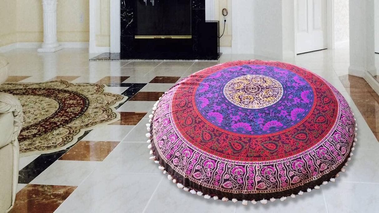 Funda bohemia para cojín, de 32 pulgadas, con diseño de mandala, para meditación, decorativa, otomana, grande, para exteriores, decoración del hogar, decoración de arte en el hogar, redonda, con pompones de algodón, cómoda