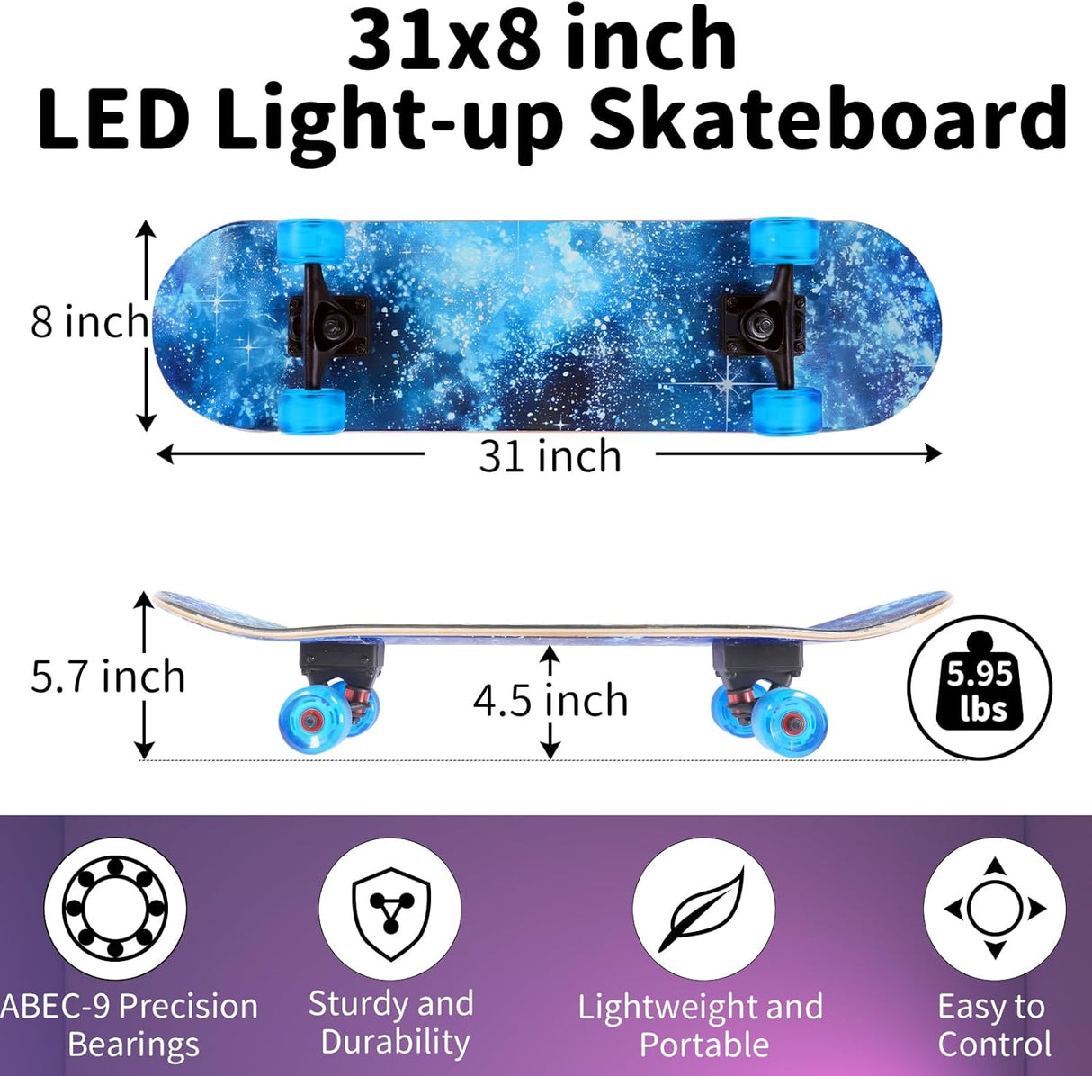 Patineta Completa para Principiantes, 31"x8", Deck de Arce