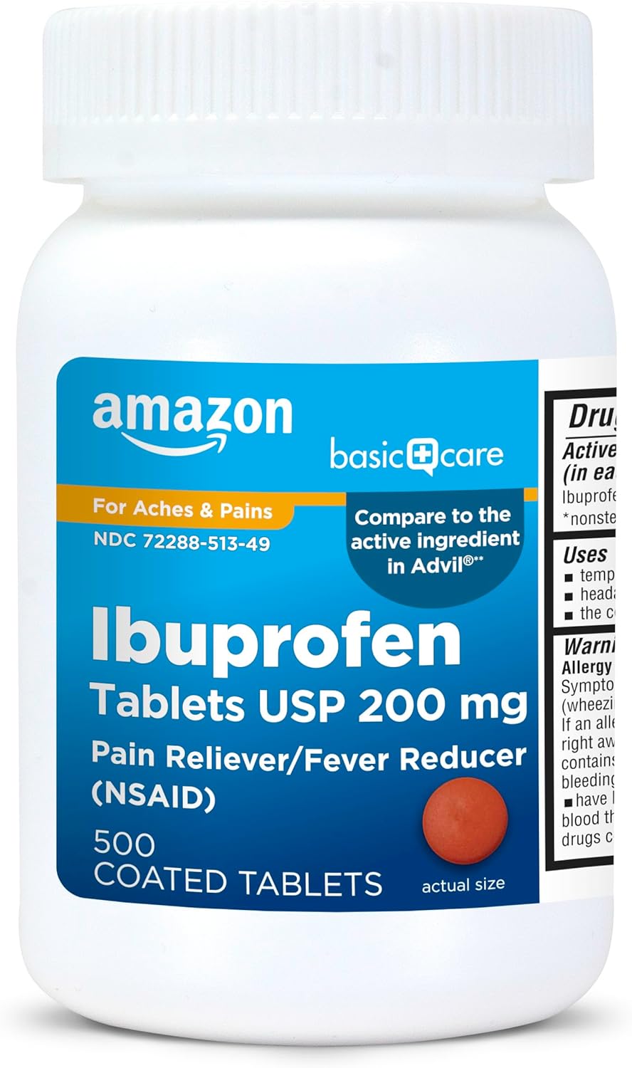Tabletas de Ibuprofeno 200 mg, Amazon Basic Care, 500 unidades