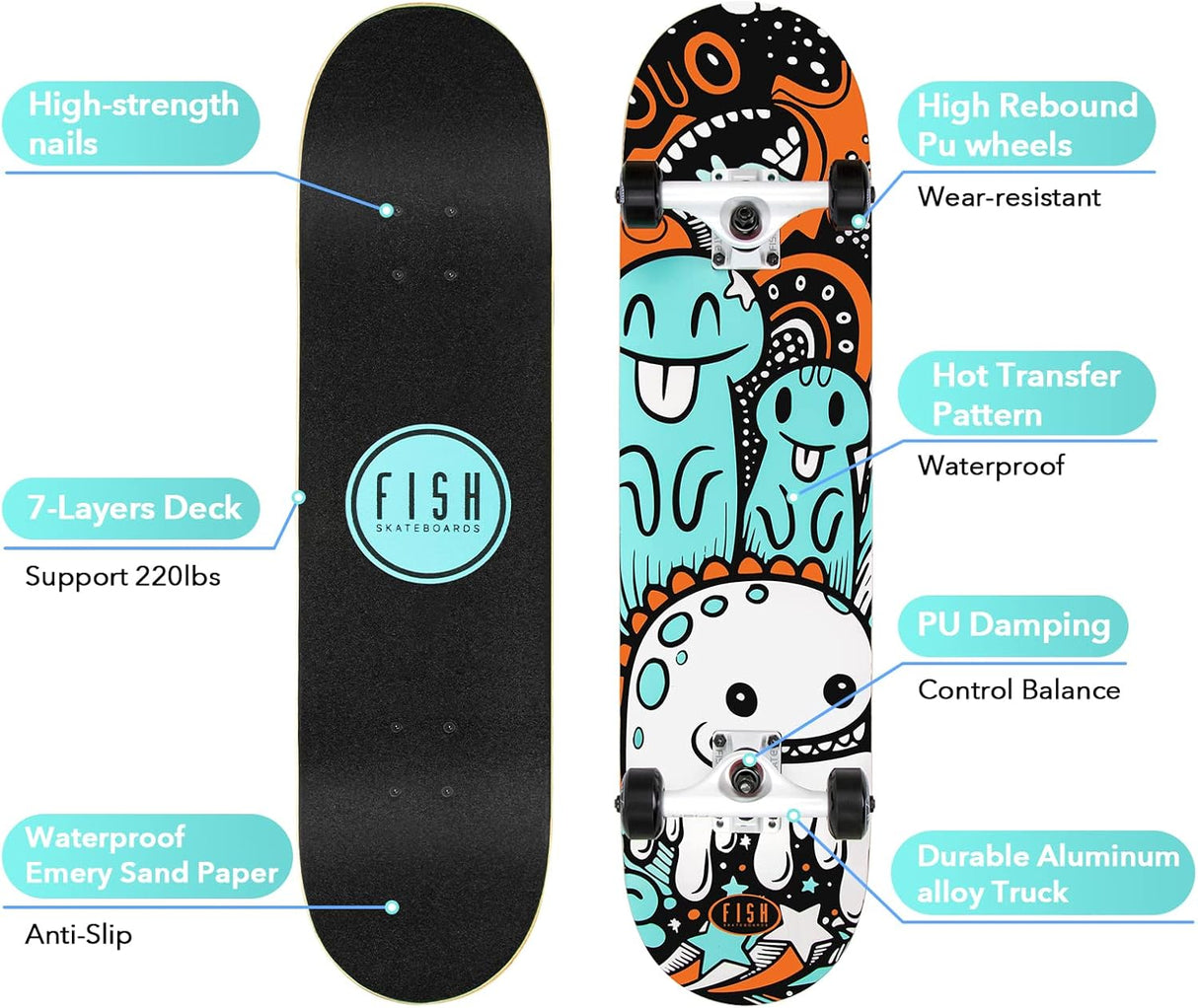 Skateboard Completo 31"x8", Madera de Arce, Doble Kick