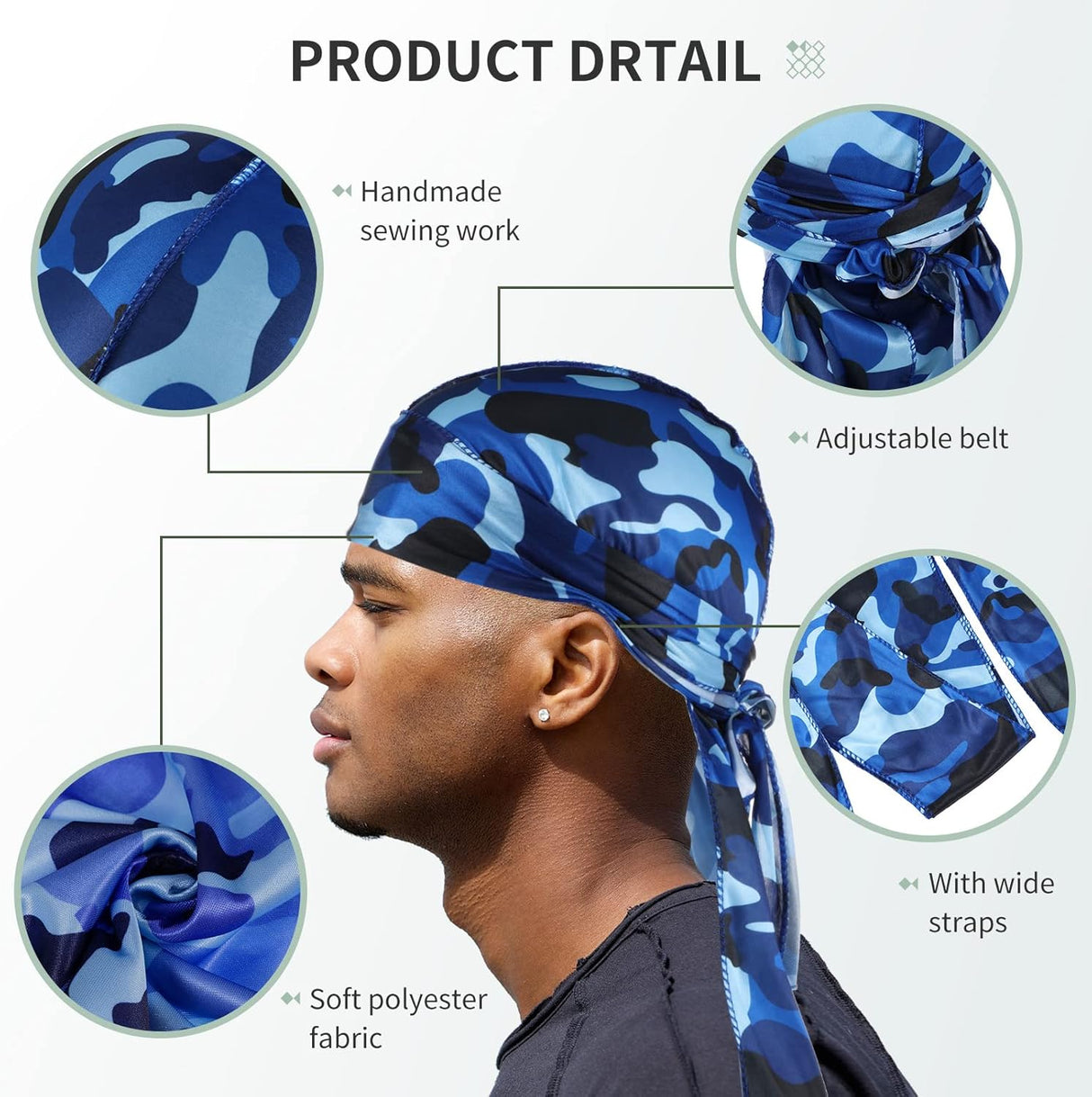 Durags Tarpop 6 Pcs para Hombre, Silky, Camuflaje, Largo y Ancho