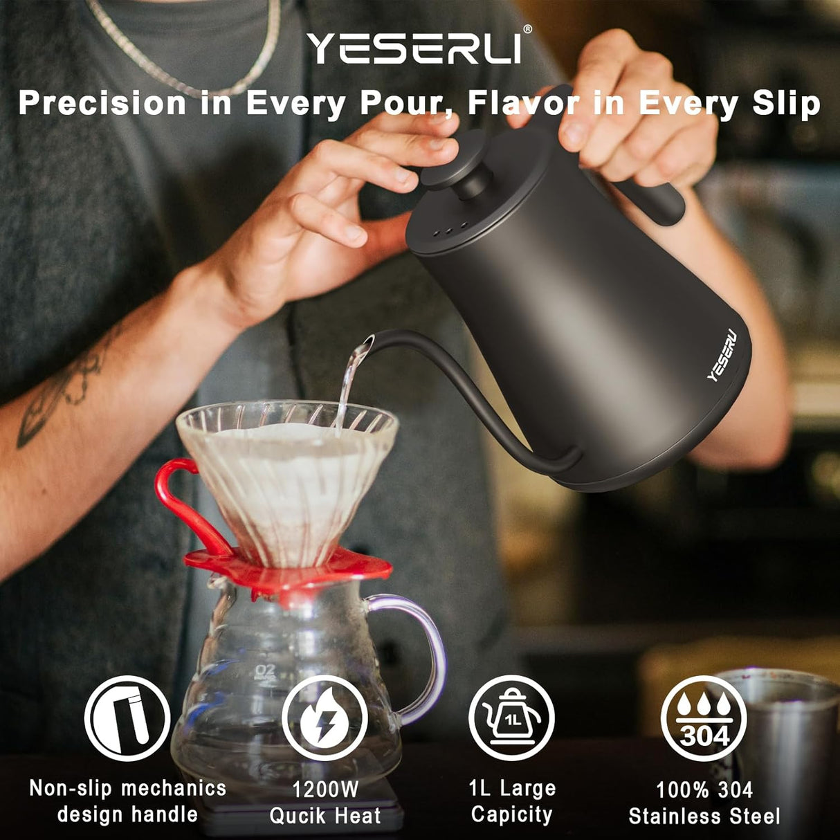 Hervidor Eléctrico Gooseneck 1200W, Control de Temperatura, 1L