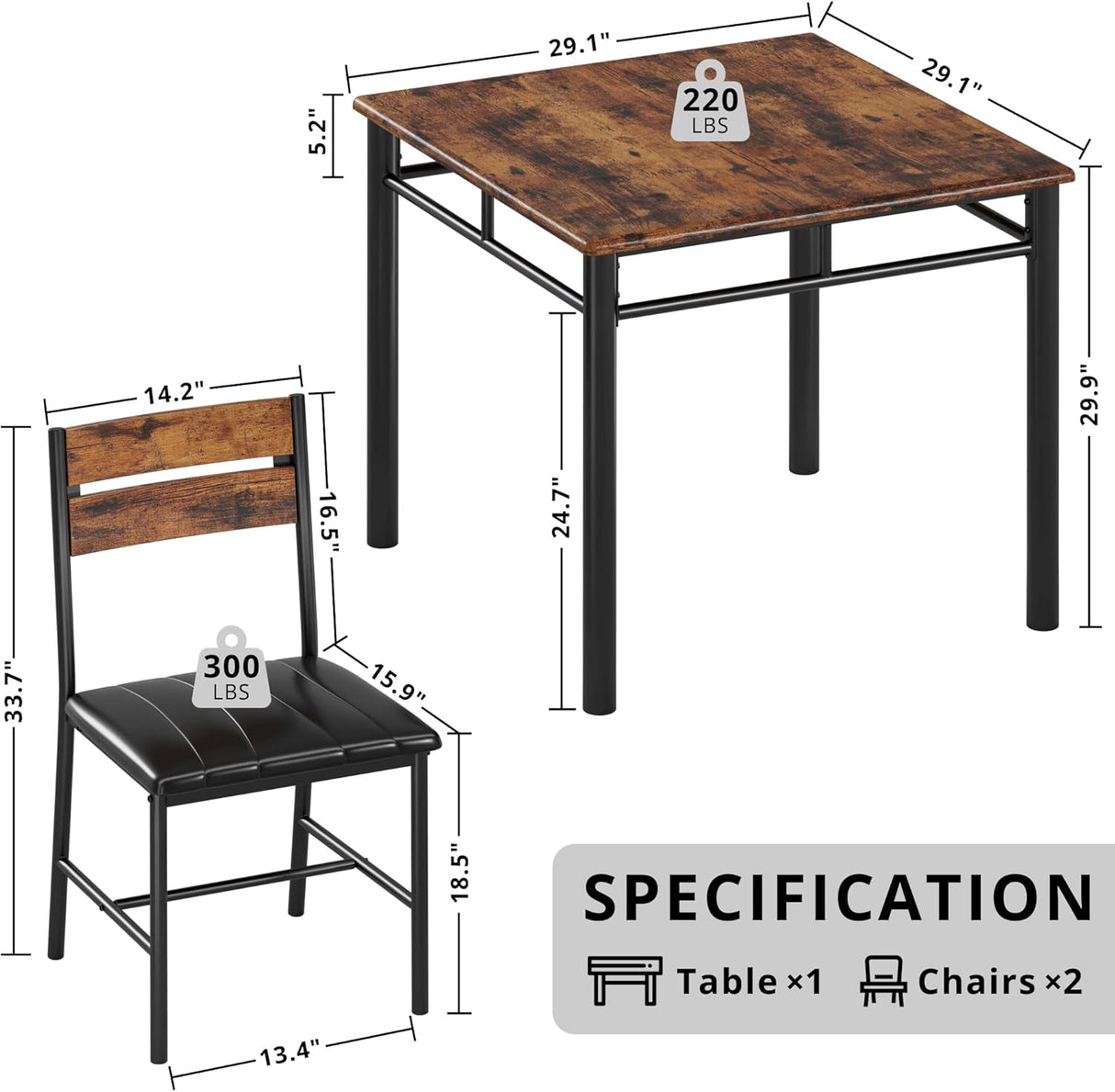 Juego de Mesa de Comedor para 2, Mesa y Sillas Tapizadas