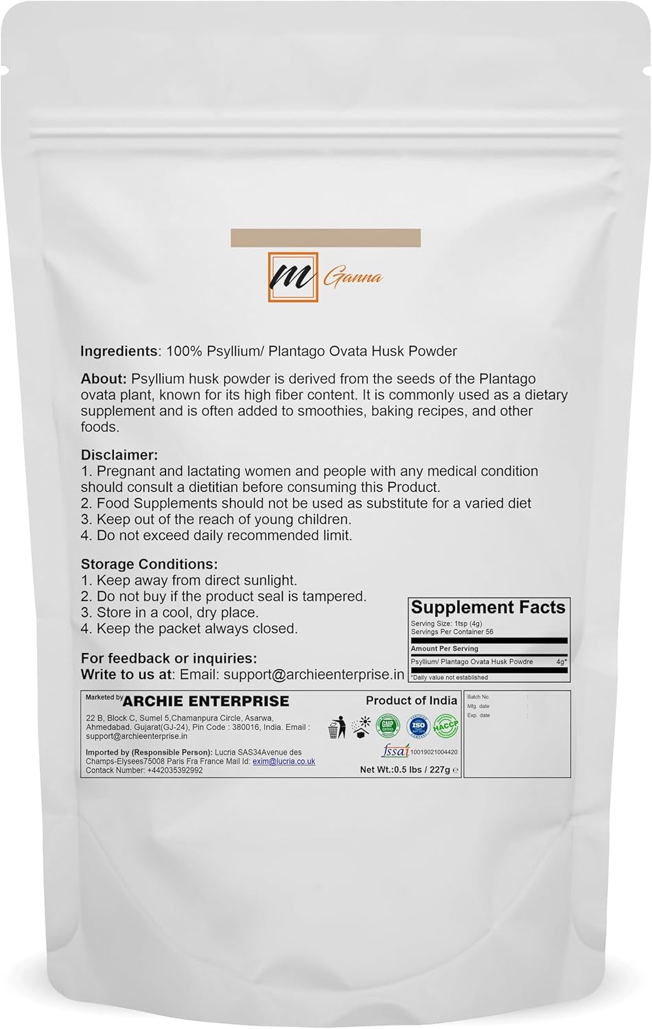 Psyllium Husk Natural 227g - Cuidado de la Piel, Saludable