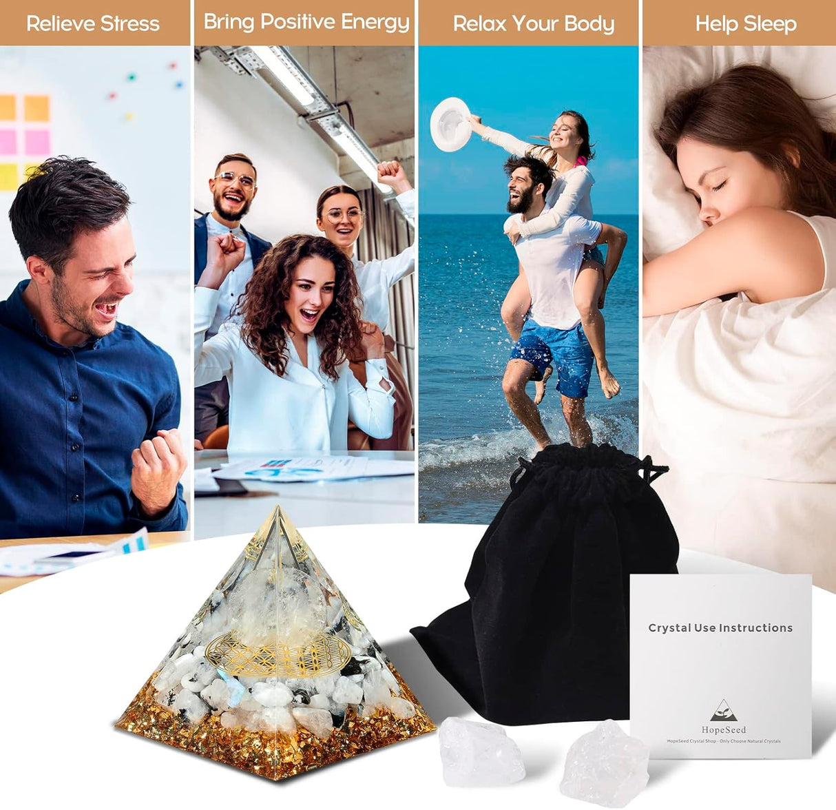 Pirámide de orgón para energía positiva, piedra lunar arcoíris