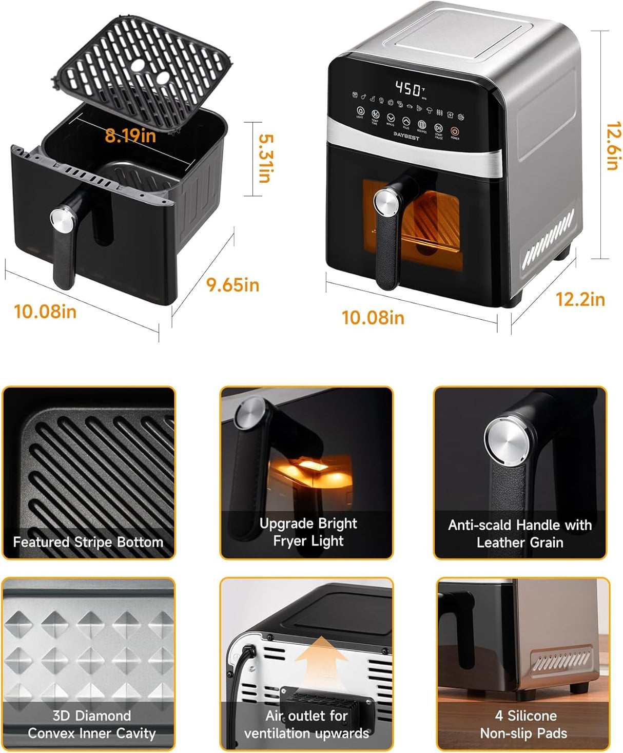 Freidora de Aire 6 QT, 1700W, Ventana, 12 Presets, Modelo 6QT