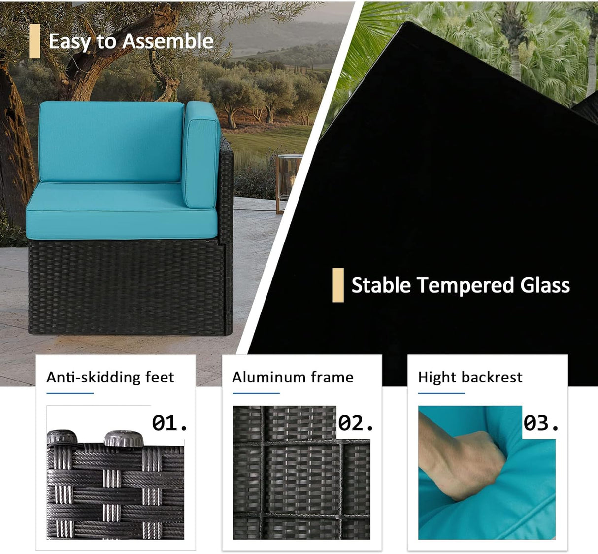 U-MAX Juego de muebles de patio de 7 piezas, juego de sofá de mimbre de ratán de polietileno negro para todo tipo de clima, juego de conversación de muebles seccionales con fundas de cojín azules y mesa auxiliar para porche, jardín, piscina