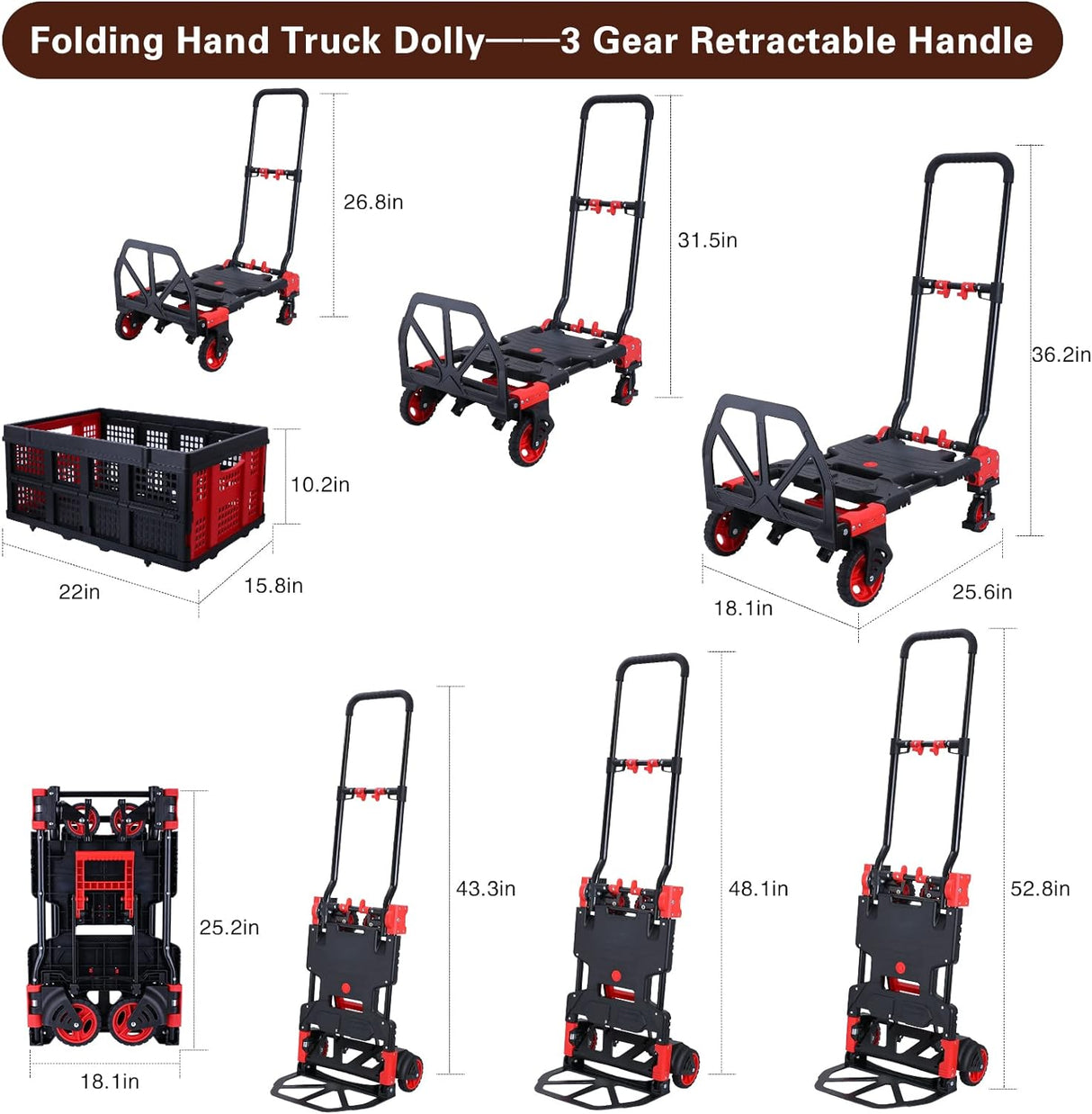 Carretilla Plegable 2 en 1, 330LBS, Ruedas, Mango Retráctil