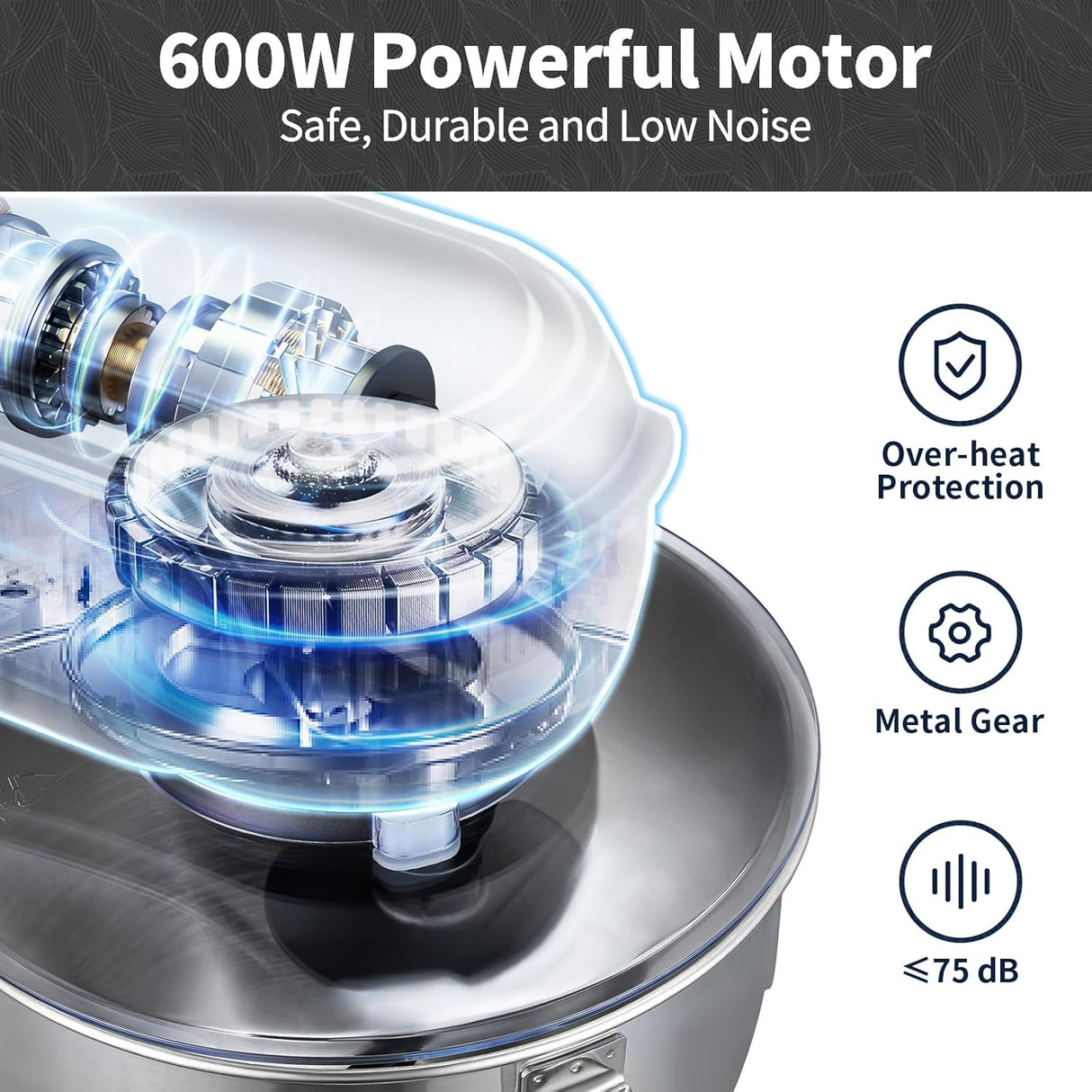 Batidora de Pie 6 QT 600W, Mezcladora 6+P, Acero Inoxidable
