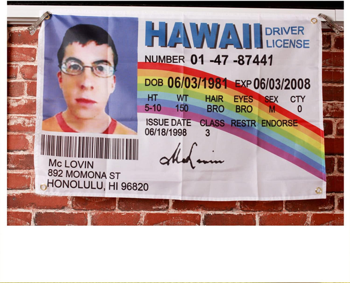 Bandera de Licencia de Conducir McLovin, Duradera y Divertida
