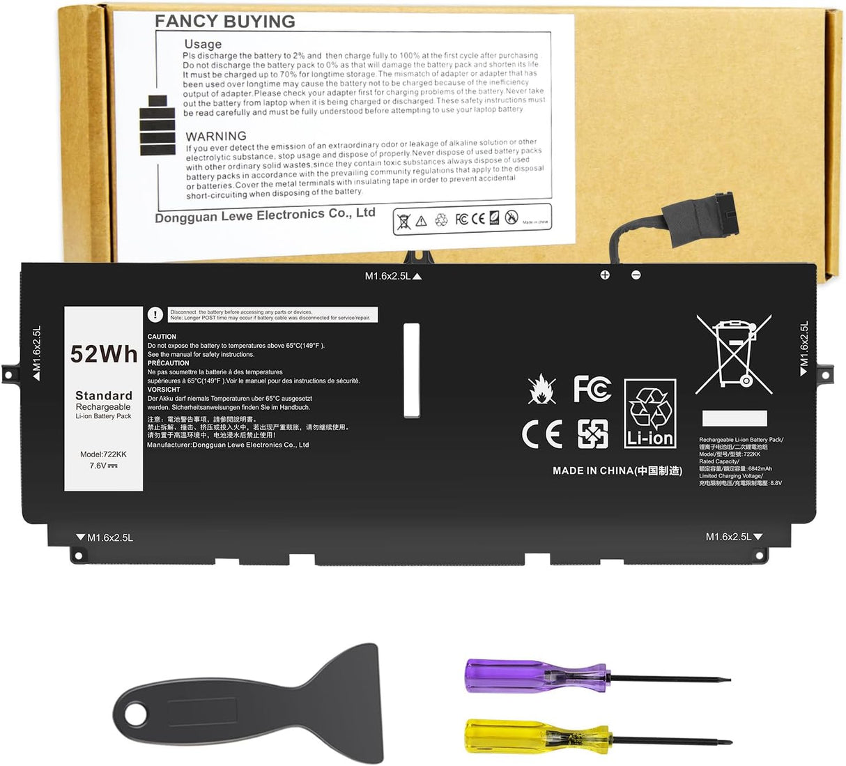 Batería 52Wh 722KK FP86V para Laptop XPS 13 9300/9310/9380