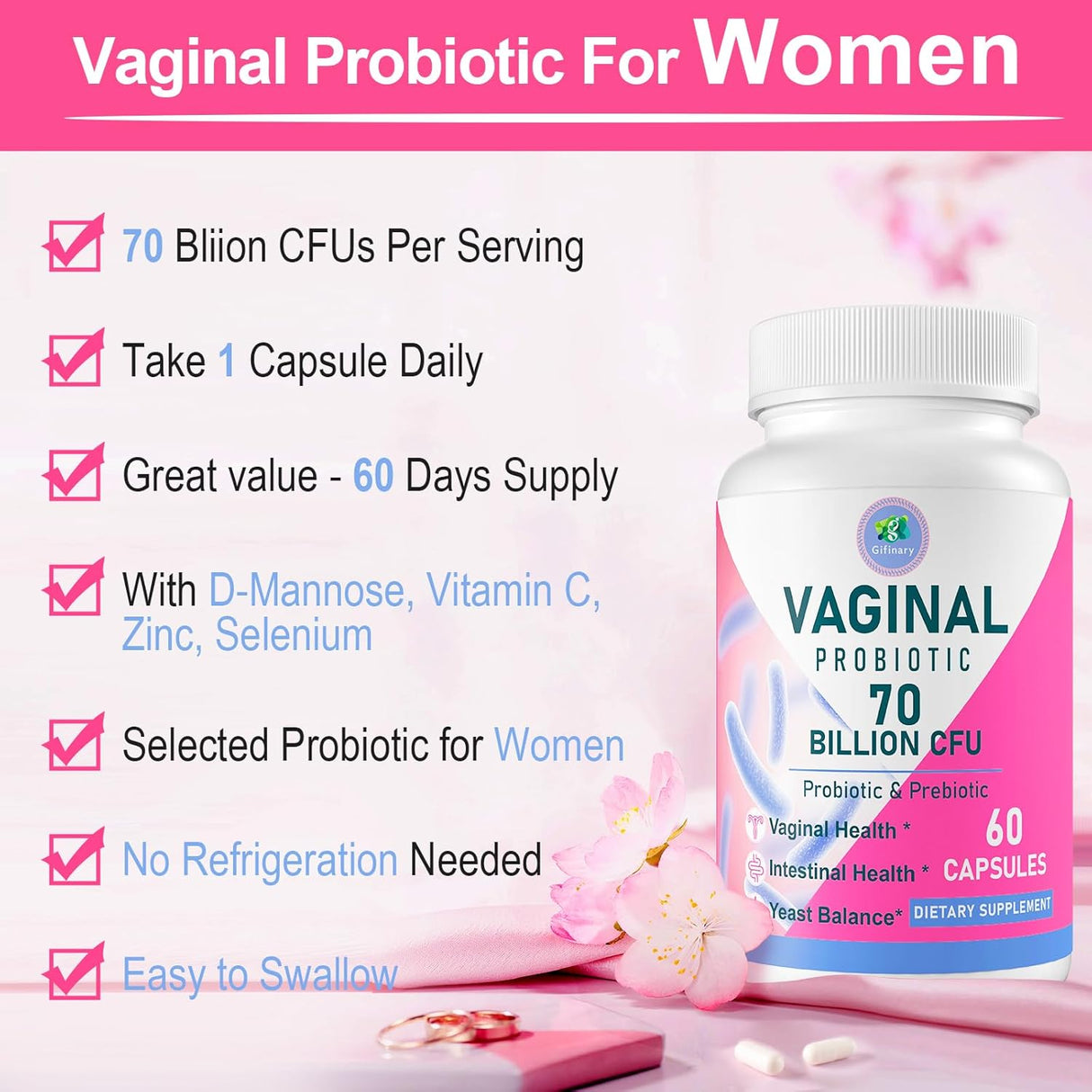 Probiótico vaginal mujer, 70B CFUs, equilibrio pH, prebiotico, D-Mannosa, 60 caps