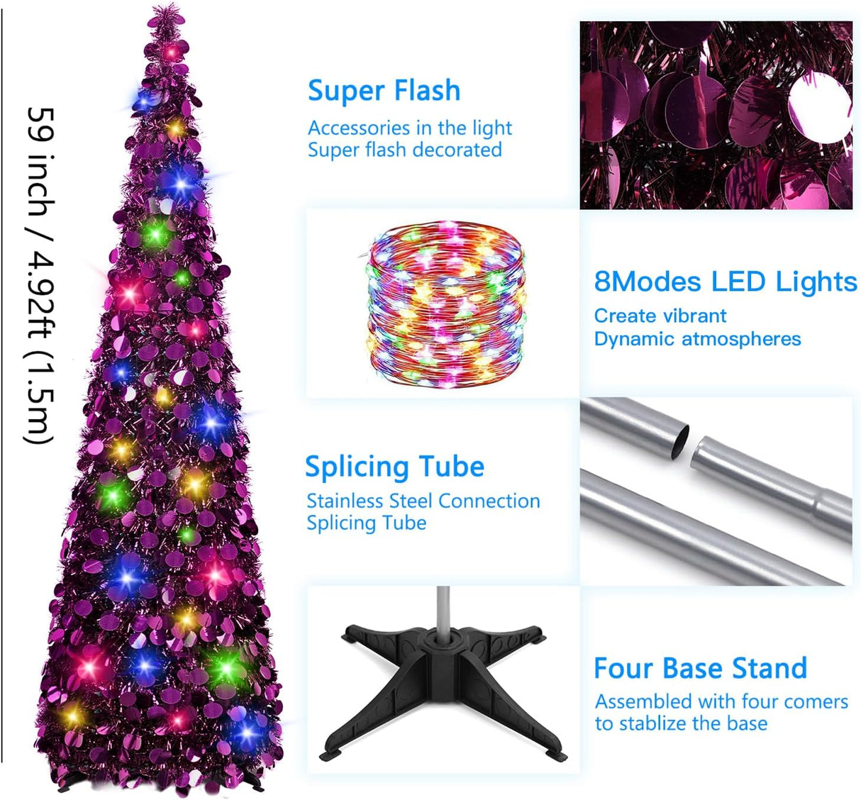 Árbol de Navidad MACTING 5FT Plegable con Luces y Brillo