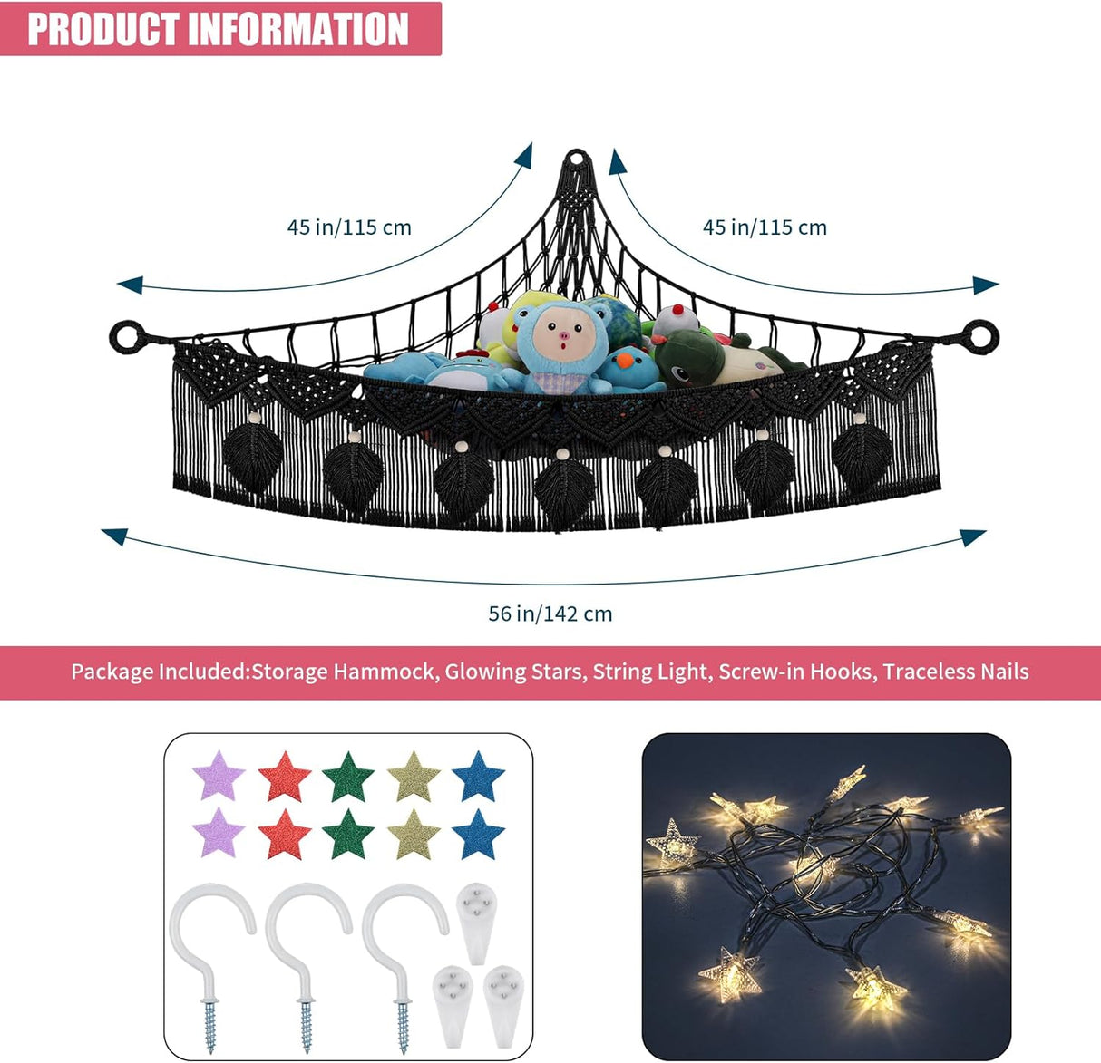 Hamaca de Almacenamiento para Peluches, Jumbo Boho Leaf, 56