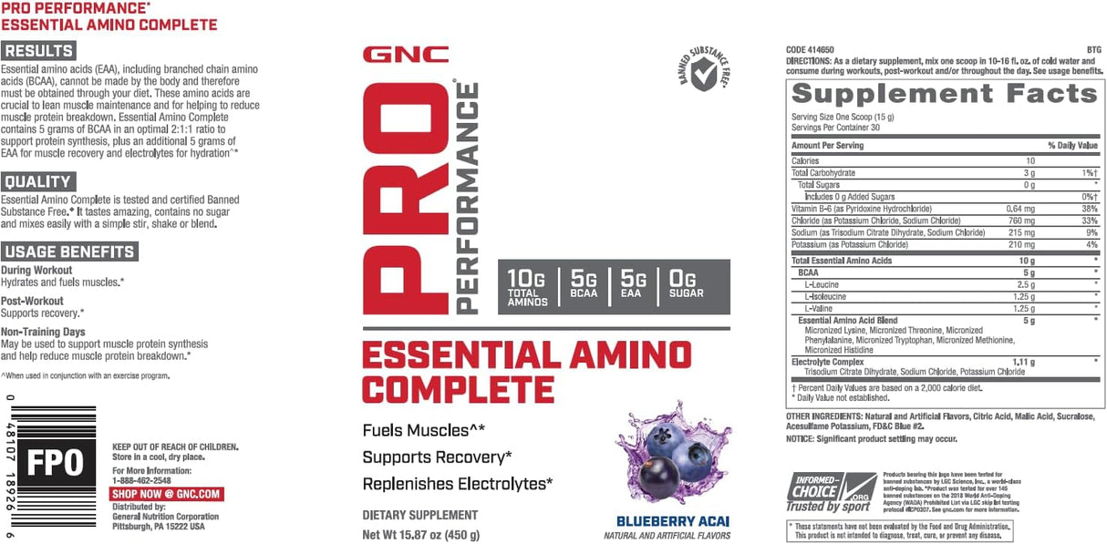 Aminoácidos Esenciales GNC Pro Performance, 15.87 oz., Recuperación