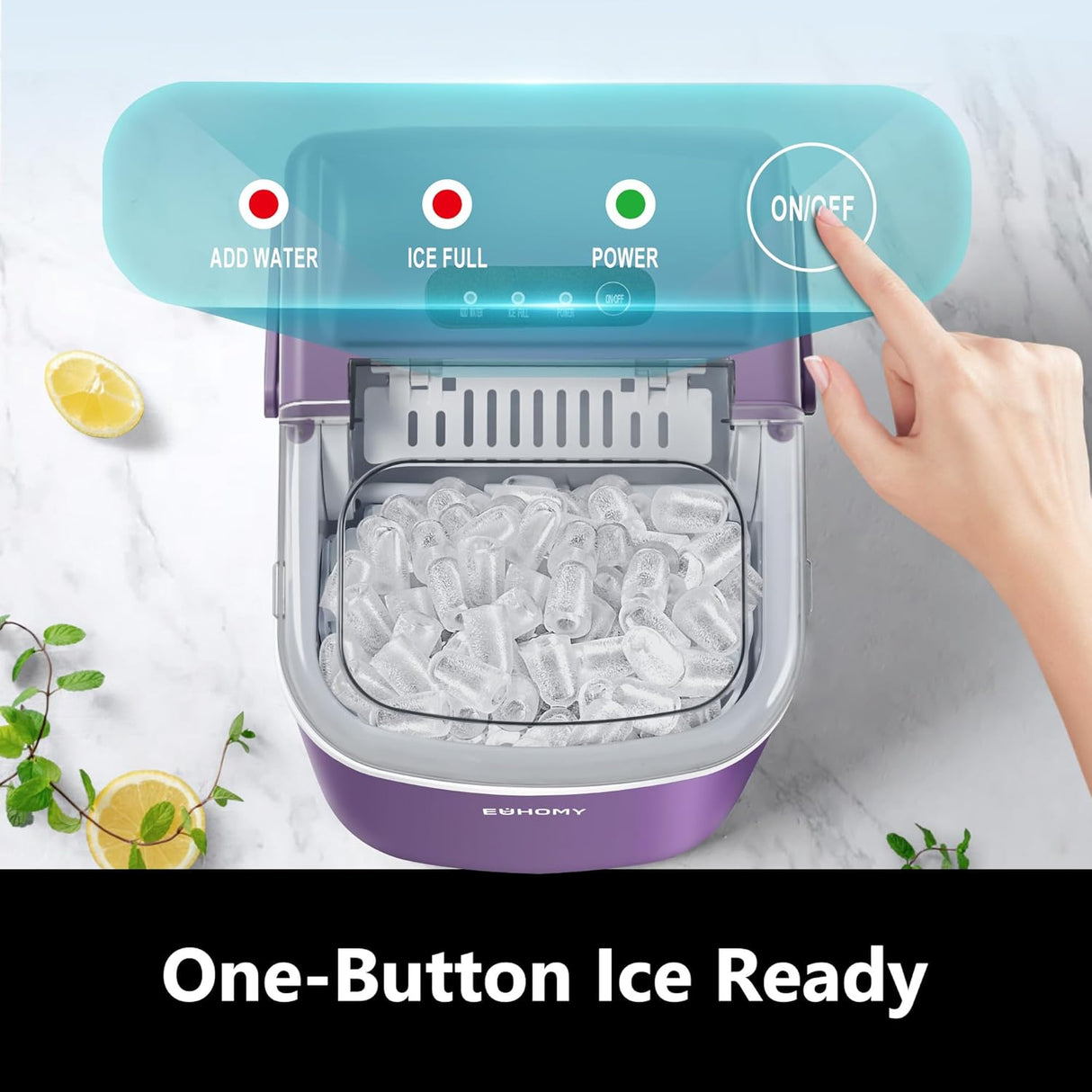 Máquina de Hielo EUHOMY 26lbs/día, 9 cubos en 6 mins, portátil