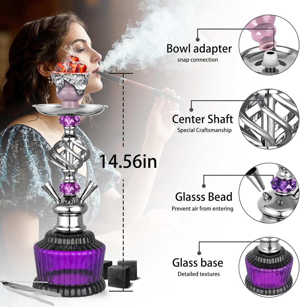 Set de Hookah 2 Mangueras 15'' con Base de Vidrio y Accesorios