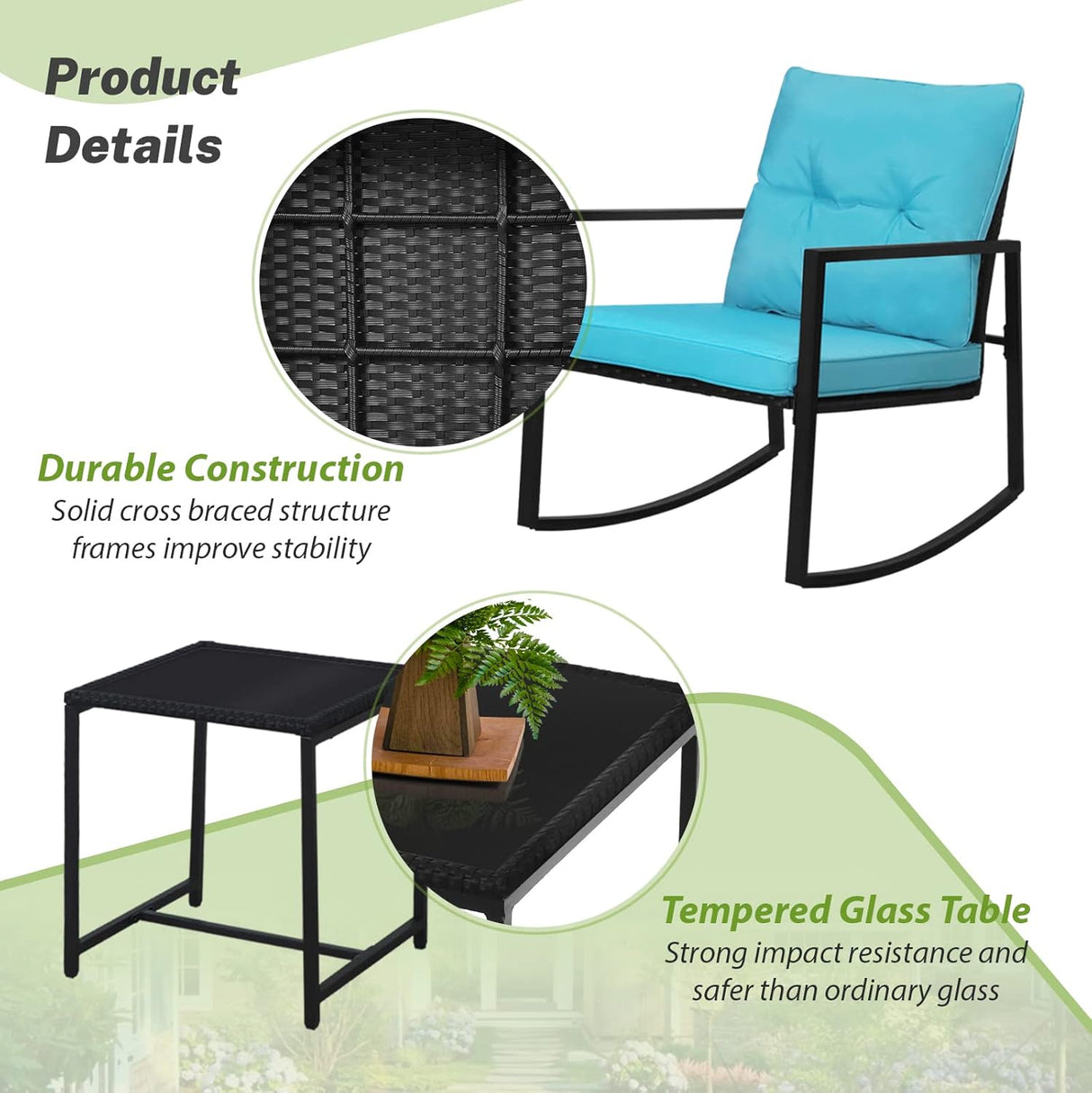 SUNCROWN Juego de 3 piezas de bistró mecedora para exteriores, muebles de mimbre negro, sillas de porche, juegos de conversación con mesa de café de cristal, azul claro