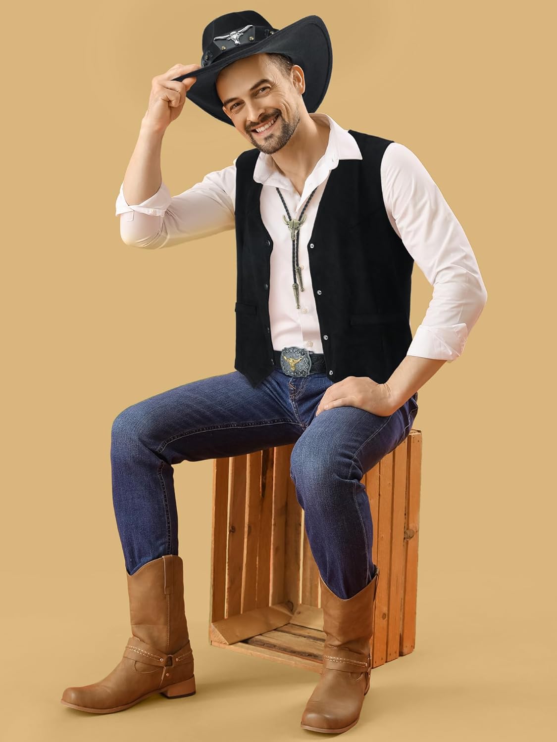 Conjunto Vaquero Hombre Suede Leather: Chaleco, Sombrero, Corbata