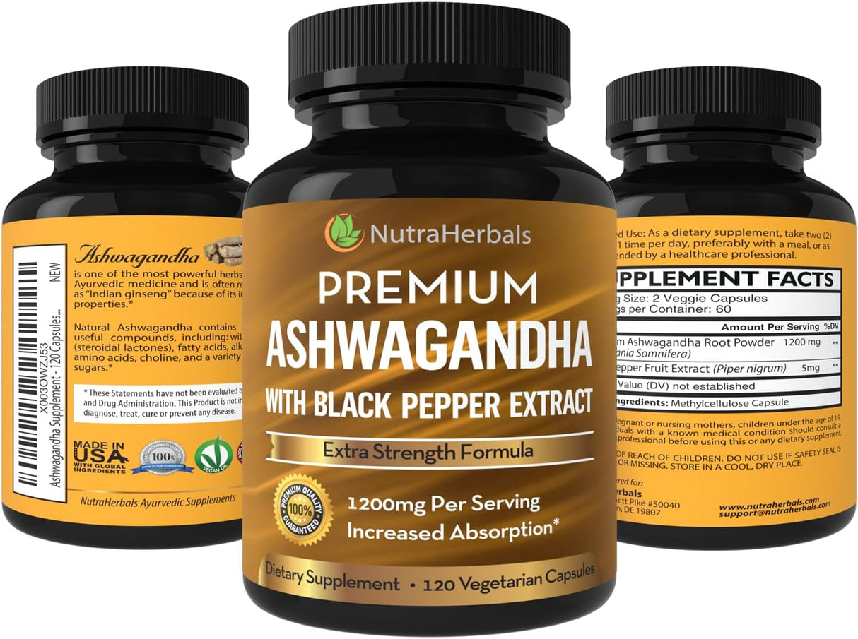 Suplemento de Ashwagandha 1200mg con Pimienta Negra - 120 Caps