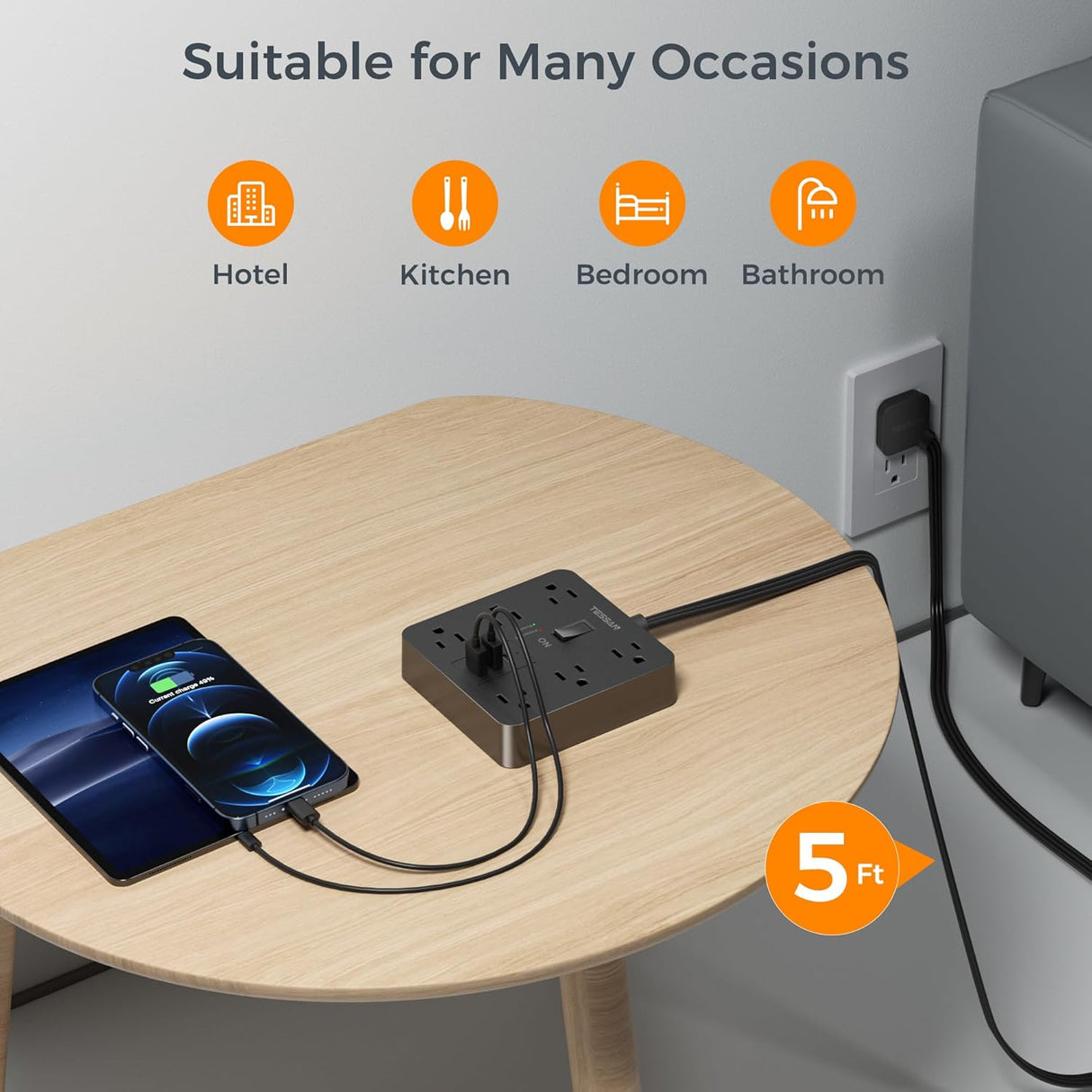 TESSAN – Regleta de alimentación con USB, cable de extensión con 6 salidas ampliamente espaciadas