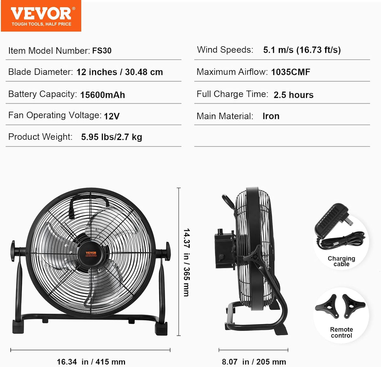 VEVOR Ventilador de Piso Recargable 12'', Alta Velocidad, Modelo Industrial