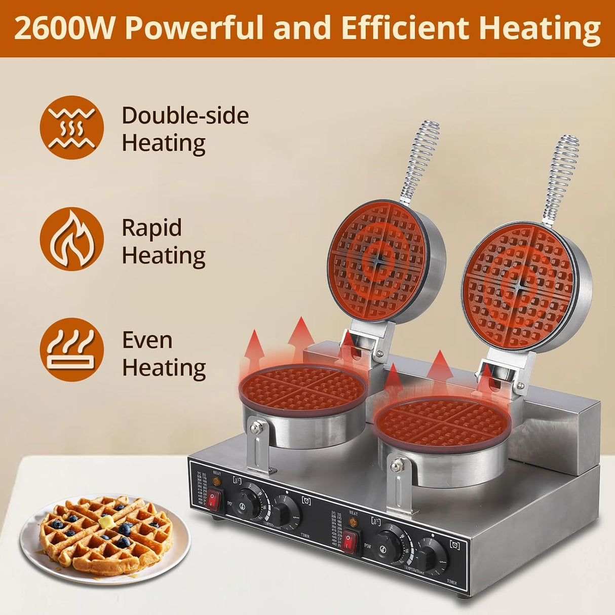 Máquina Waffle Doble Cabeza 110V 2600W Acero Inoxidable