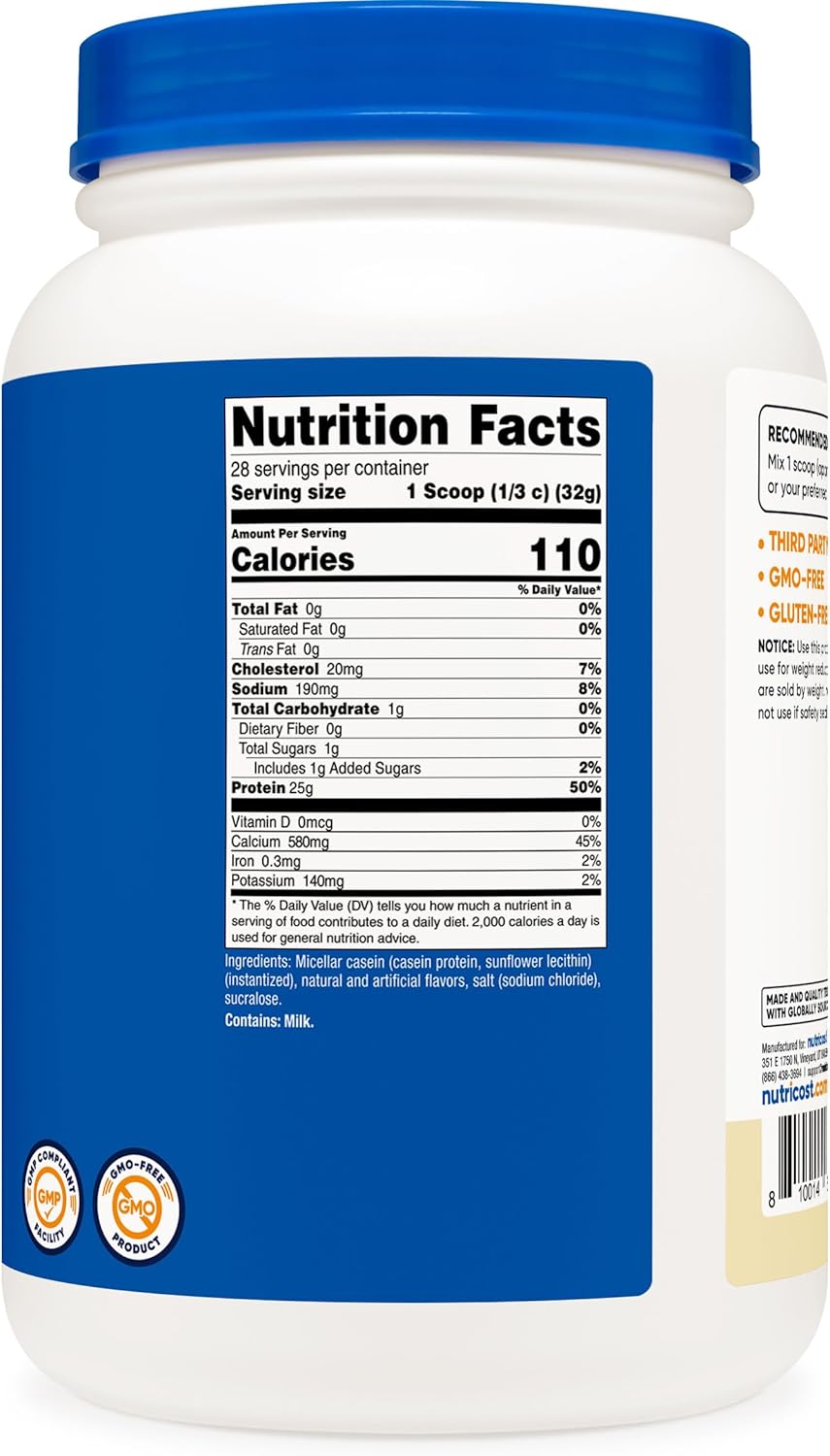 Nutricost Proteína de Caseína 2lb Vanila Sin Gluten No GMO