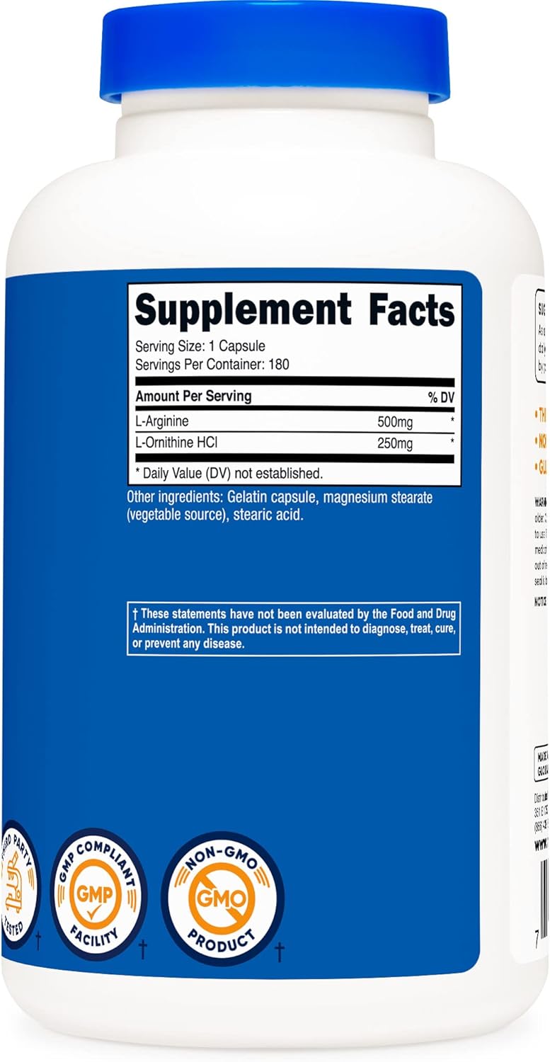 Nutricost L-Arginina y L-Ornitina 750mg 180 Cápsulas x2