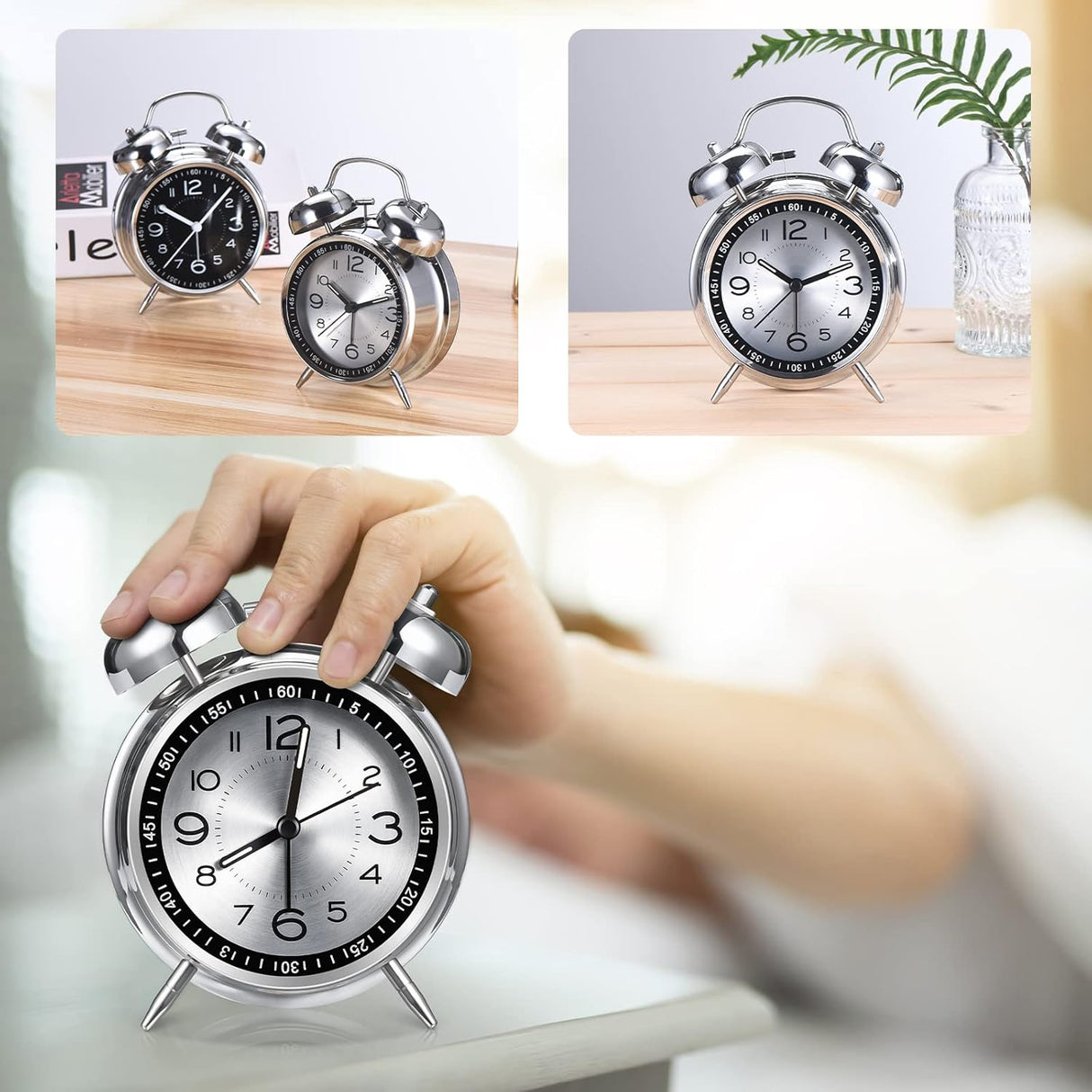 Reloj despertador analógico retro para adultos, 4 pulgadas, silencioso