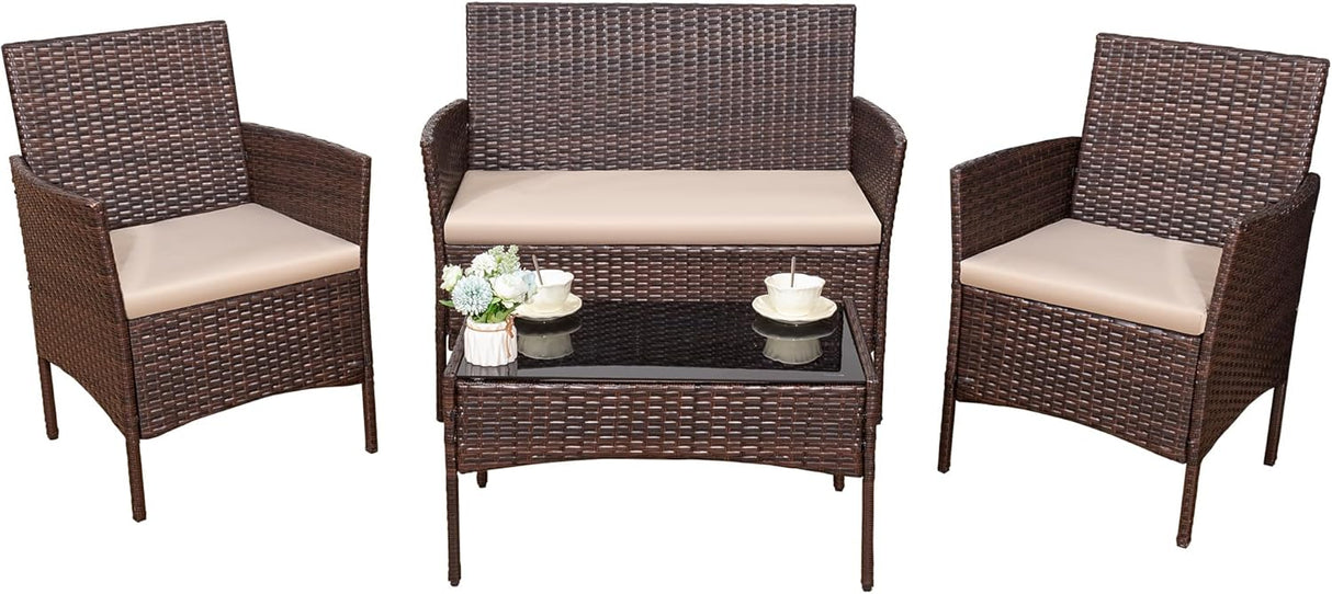 Devoko - Juego de 4 muebles de patio para porche (mimbre, mimbre, polietileno), color beige