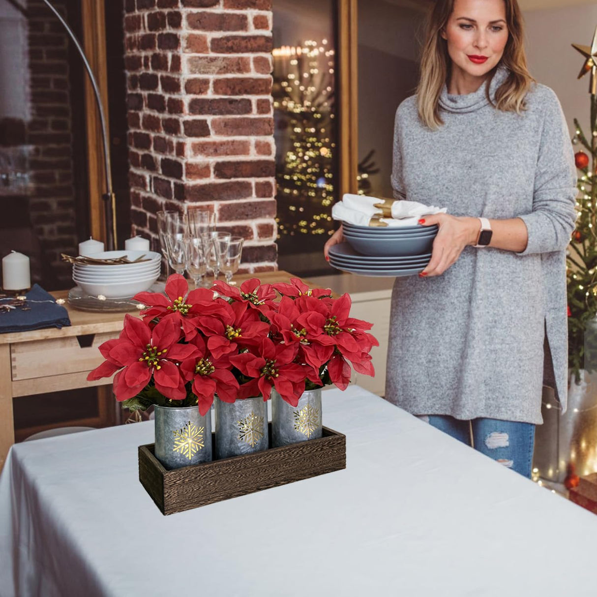 Flores Artificiales de Poinsettia, Decoración LED, Modelo 2023