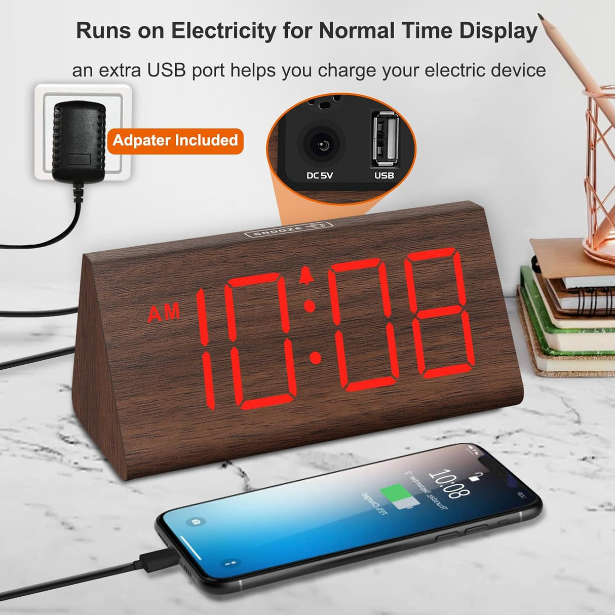 Reloj Despertador Digital de Madera, DreamSky con USB Snooze