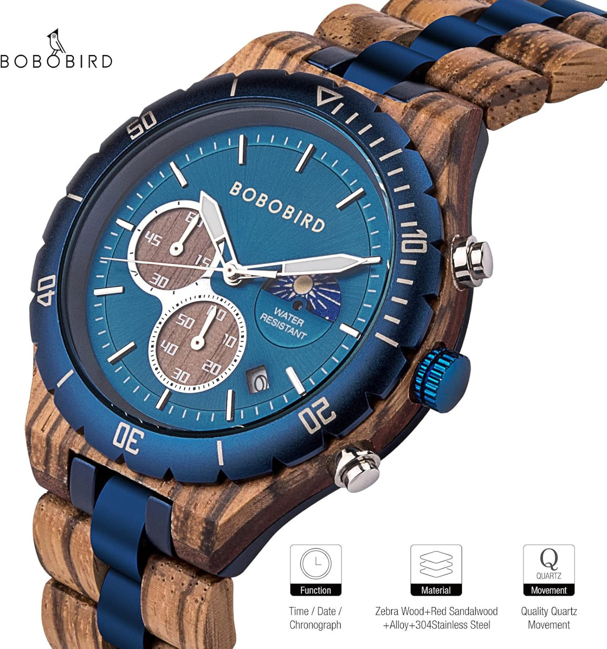 Reloj de madera de cuarzo para hombre acero inoxidable