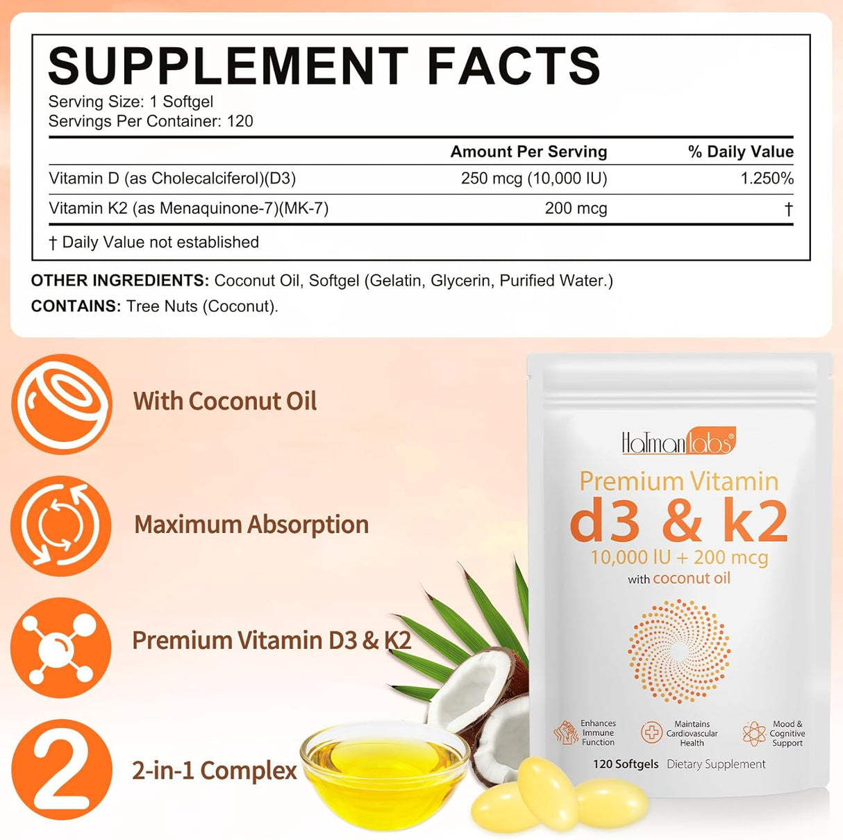 Suplemento de Vitamina D3 K2, 10000 IU, Salud Ósea y Inmunidad