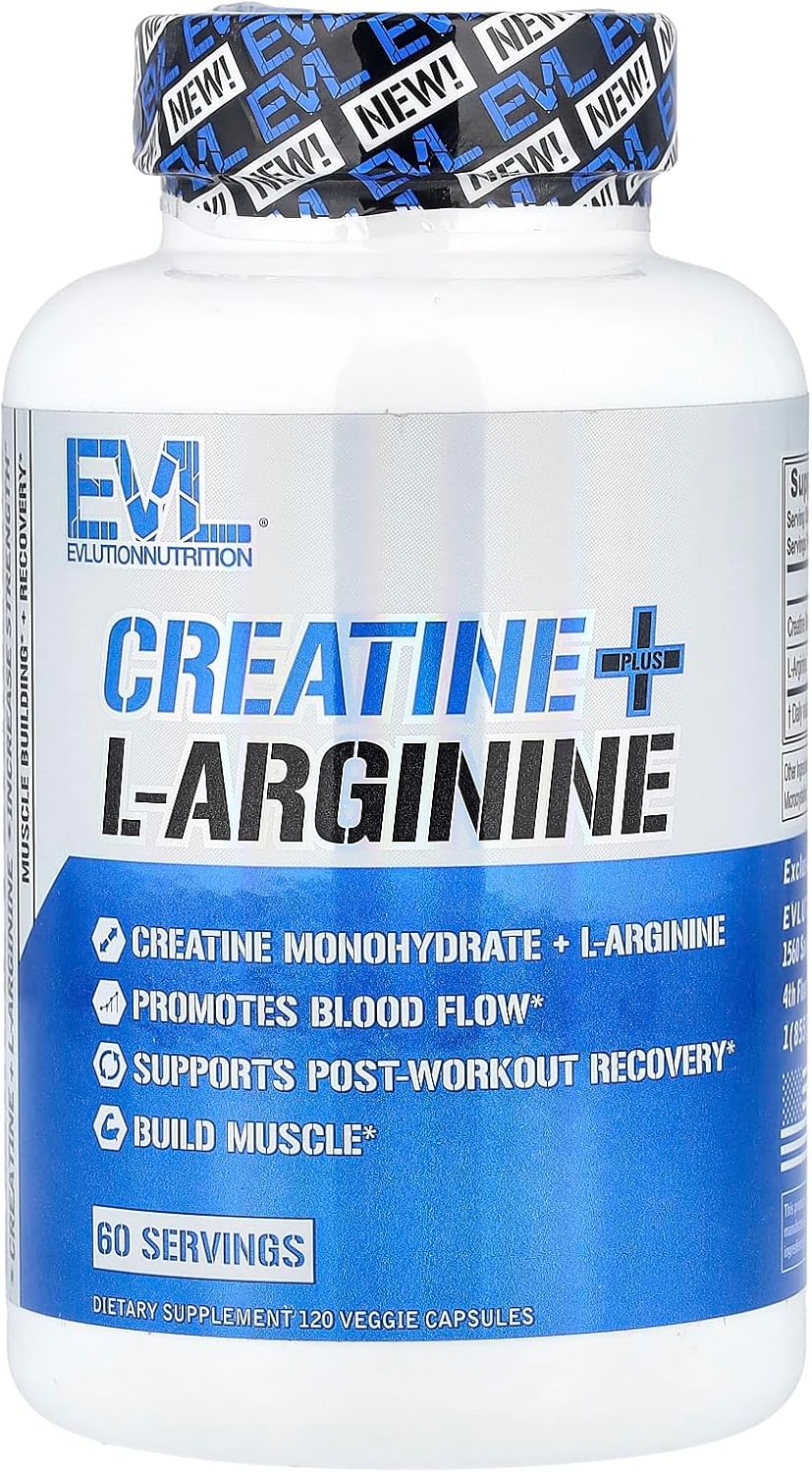 Evlution Nutrition Creatina + L-Arginina, Apoyo Muscular, 60Caps