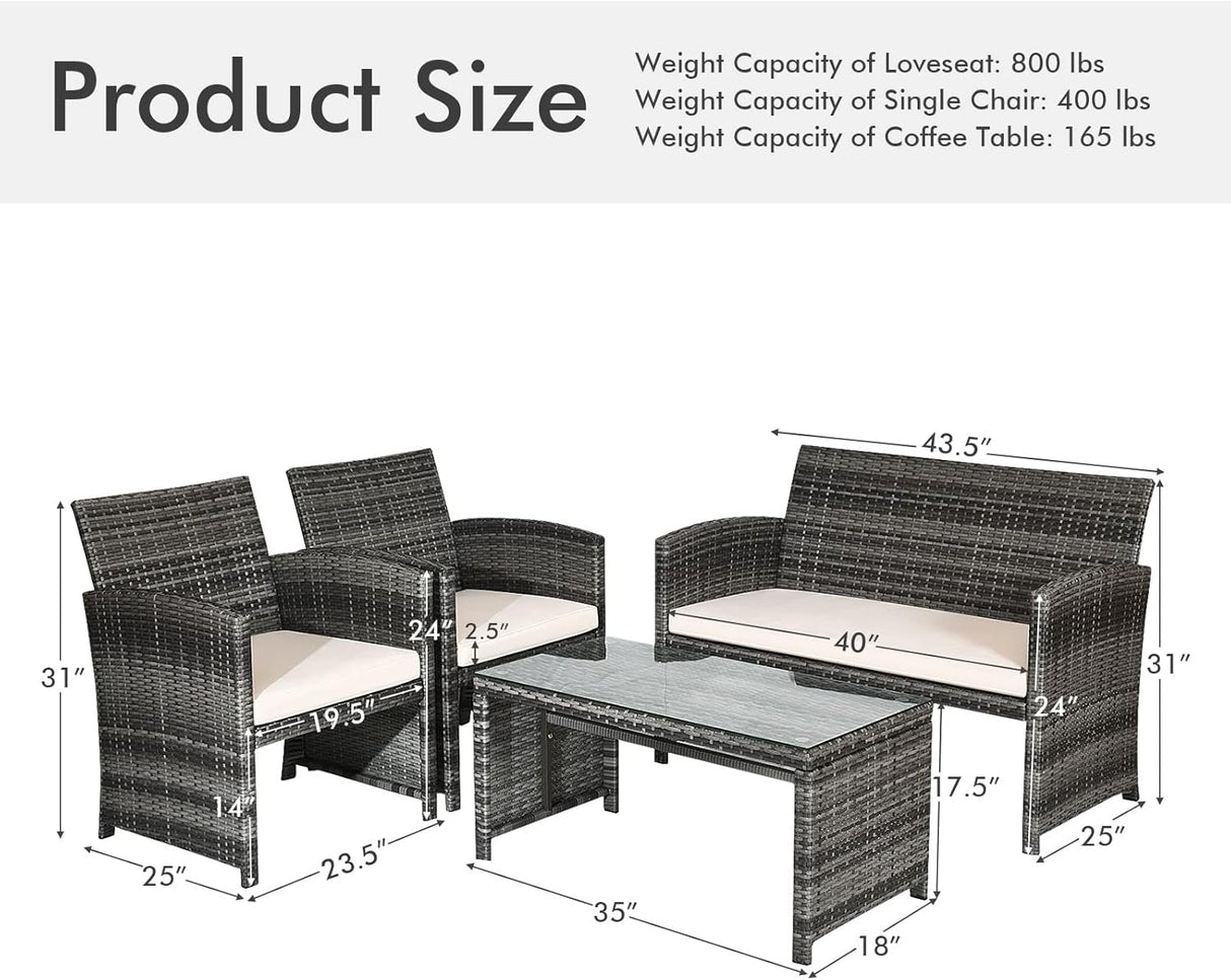 Goplus Juego de muebles de ratán de 4 piezas, sofá de conversación de mimbre para exteriores con cojines resistentes a la intemperie y mesa de vidrio templado para césped, patio, piscina, jardín (beige)