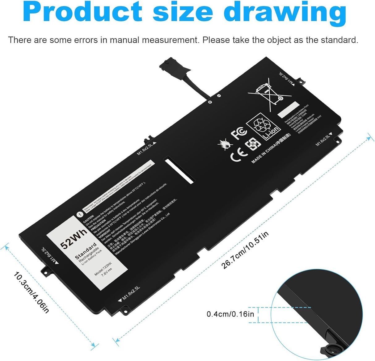 Batería 52Wh 722KK FP86V para Laptop XPS 13 9300/9310/9380