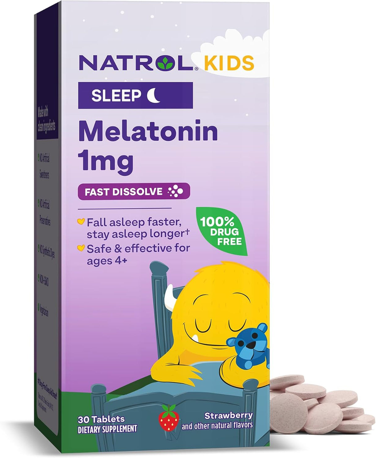 Melatonina Natrol Kids 1 mg, 30 tabletas de sueño, sabor fresa