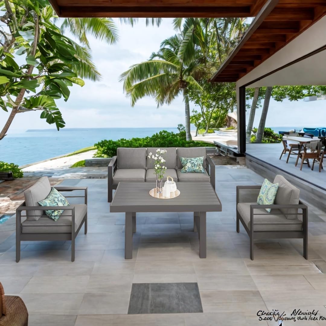 Solaste Juego de muebles de aluminio para patio, 4 piezas, moderno juego de conversación al aire libre, sofá con cojín mejorado y mesa de comedor, color blanco