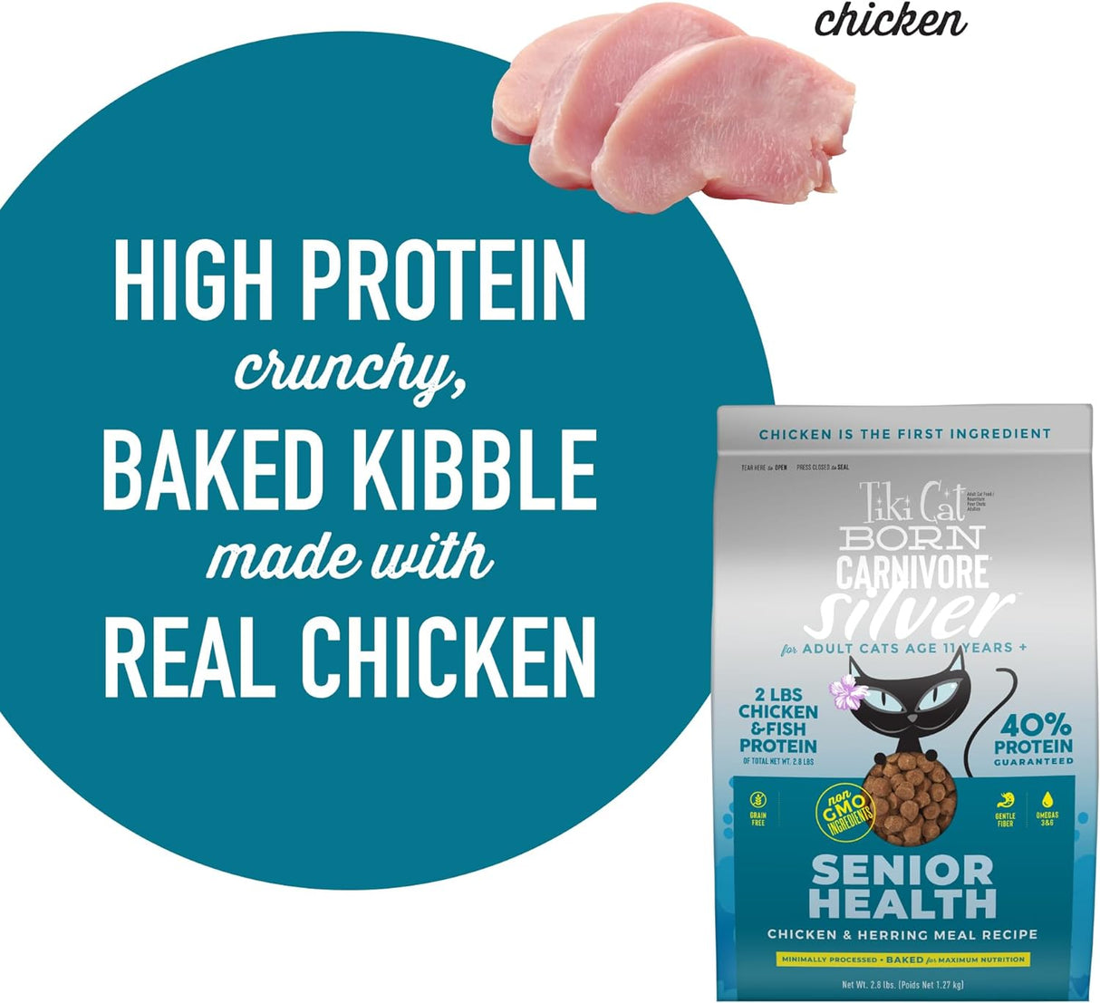 Tiki Cat Born Carnivore Silver, Senior Health, Receta de comida de pollo y arenque, apoyo inmunológico con croquetas horneadas para maximizar los nutrientes, alimento seco para gatos adultos mayores de 11 años, bolsa de 2.8 libras