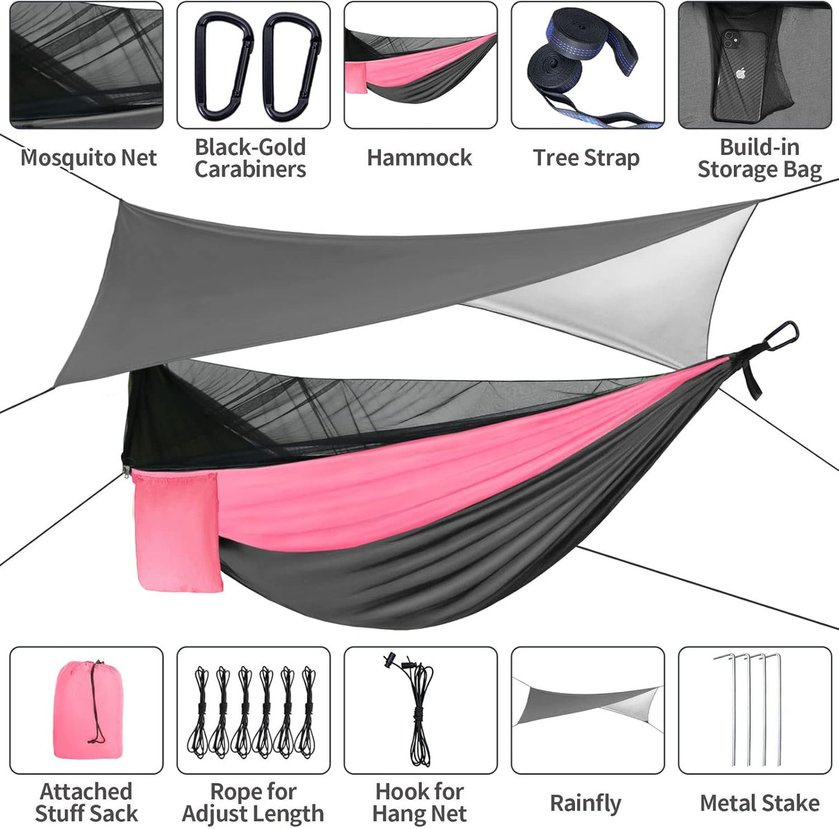 Hamaca Camping con Mosquitera y Tarp, Portátil, Doble, Nylon