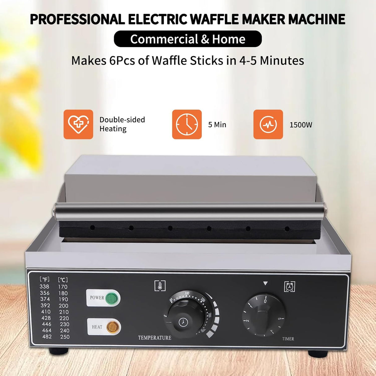 Máquina de Waffles 6 PCS, 1500W, Control Temp 50-300℃, 110V