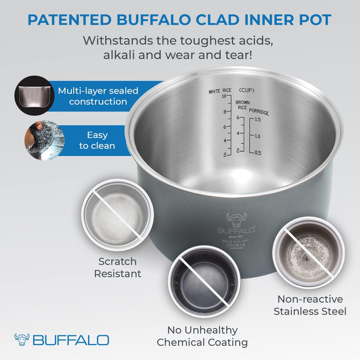 Olla arrocera Buffalo, acero inoxidable, 10 tazas, eléctrica