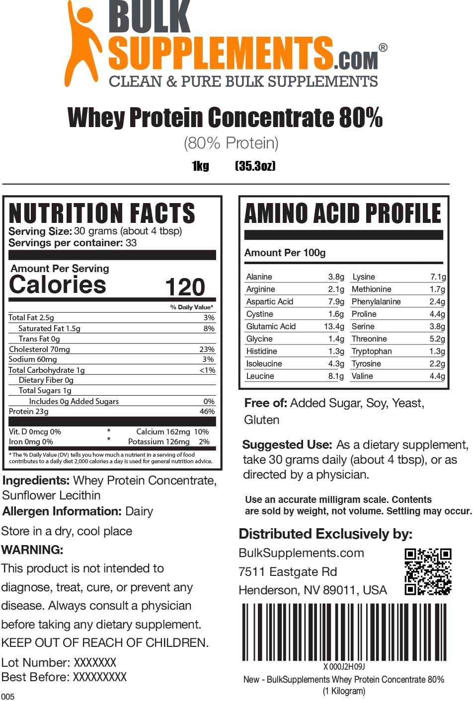 Suplemento de Proteína de Suero Concentrado, BulkSupplements, 30g, 1kg