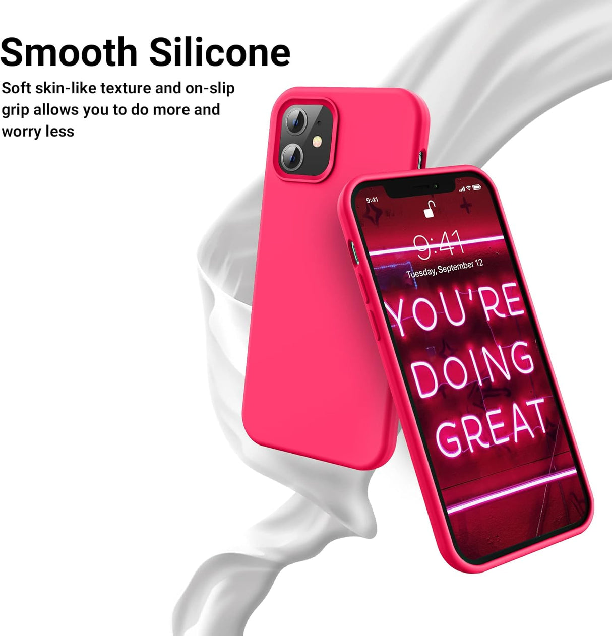 OTOFLY Funda de silicona suave diseñada para iPhone 12/12 Pro, protección contra caídas de grado militar, forro de microfibra antiarañazos, funda protectora a prueba de golpes, funda delgada de 6.1 pulgadas, rosa neón