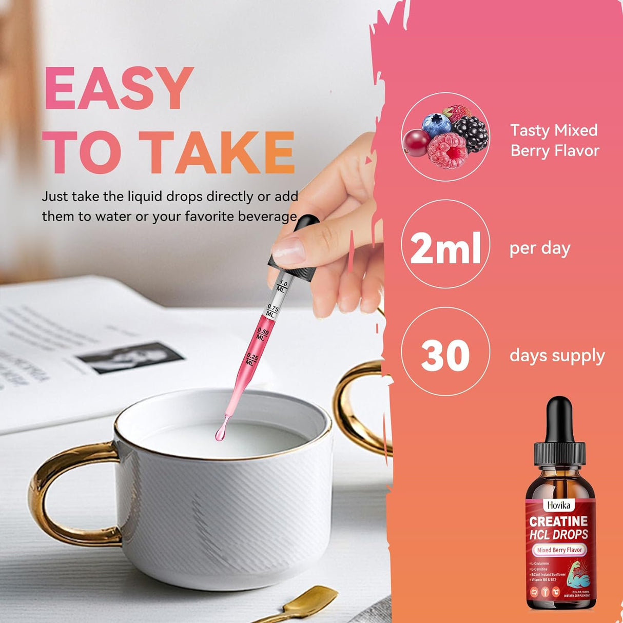 Creatine HCL Liquid Drops for Men & Women, Creatine Hydrochloride with L-Carnitine, L-Glutamine, BCAA, Vitamin B12 & B6 for Muscle Growth & Recovery-Vegan, Mixed Berry Flavor Flavor, 2 Fl Oz