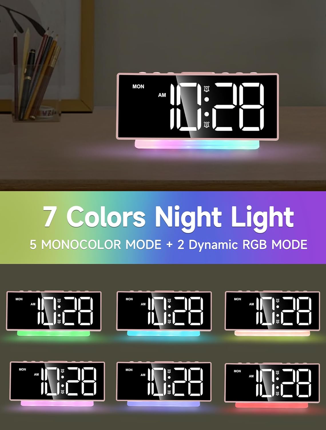 Reloj despertador digital moderno, pantalla LED, volumen ajustable