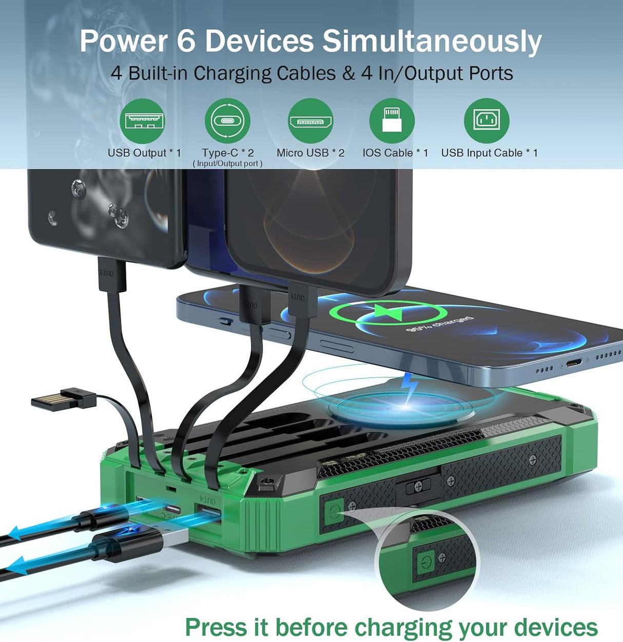 Cargador solar de 36000 mAh integrado 4 cables para celular